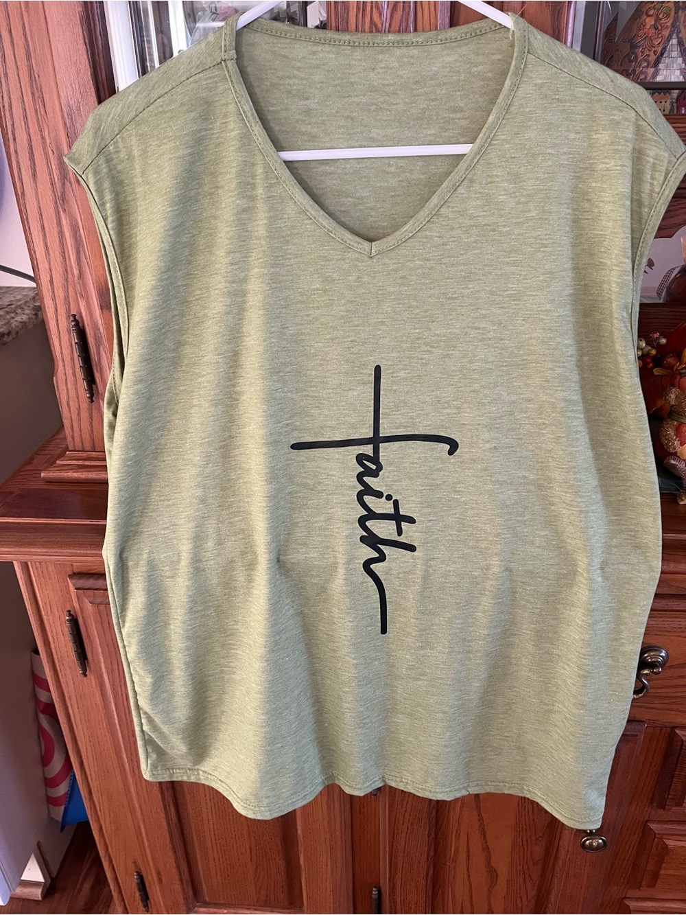 Sleeveless Olive Green V-Neck Tank Top with Faith Graphic